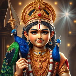 A stunning and divine portrayal of Lord Murugan, the Hindu god of war and victory, beautifully represented with the facial features of a young boy