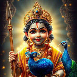 A stunning and divine portrayal of Lord Murugan, the Hindu god of war and victory, beautifully represented with the facial features of a young boy