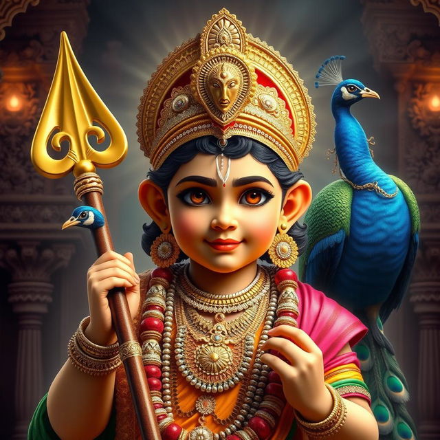 A stunning and divine portrayal of Lord Murugan, the Hindu god of war and victory, beautifully represented with the facial features of a young boy