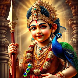 A stunning and divine portrayal of Lord Murugan, the Hindu god of war and victory, beautifully represented with the facial features of a young boy