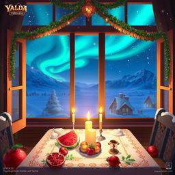 A visually stunning concept design for the mobile game 'Yalda', showcasing a beautiful, enchanting winter night scene inspired by Persian mythology