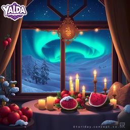 A visually stunning concept design for the mobile game 'Yalda', showcasing a beautiful, enchanting winter night scene inspired by Persian mythology