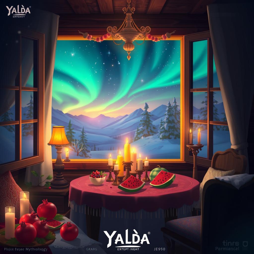 A visually stunning concept design for the mobile game 'Yalda', showcasing a beautiful, enchanting winter night scene inspired by Persian mythology