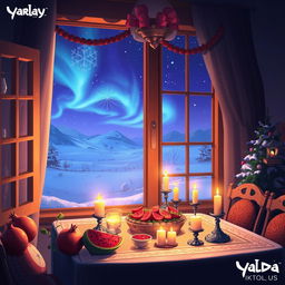 A visually stunning concept design for the mobile game 'Yalda', showcasing a beautiful, enchanting winter night scene inspired by Persian mythology