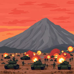 An intense modern battlefield set against a mountainous backdrop, filled with tanks, soldiers, and explosions