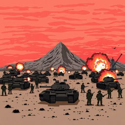 An intense modern battlefield set against a mountainous backdrop, filled with tanks, soldiers, and explosions