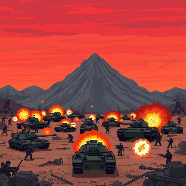 An intense modern battlefield set against a mountainous backdrop, filled with tanks, soldiers, and explosions