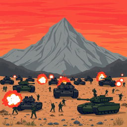 An intense modern battlefield set against a mountainous backdrop, filled with tanks, soldiers, and explosions