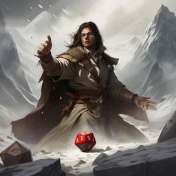 Illustrate a dramatic moment of a dice roll in a mountainous D&D battle backdrop. Display the rolled number on the 20-sided dice prominently. Visualize the victorious character according to the result: a winning cleric if 1-6, a triumphant rogue if 7-20.