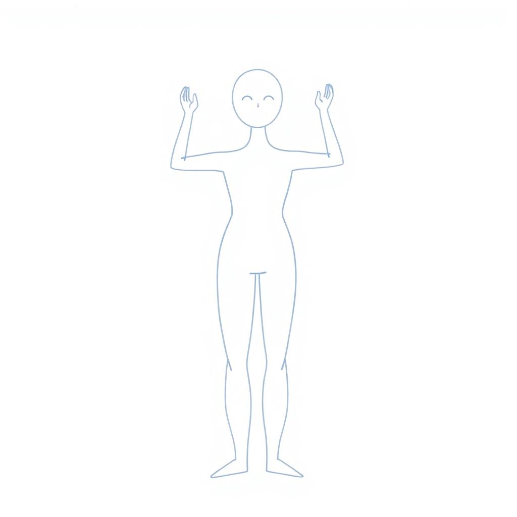 A simplistic figure drawing, featuring a basic humanoid shape with minimalistic details