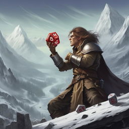 Illustrate a dramatic moment of a dice roll in a mountainous D&D battle backdrop. Display the rolled number on the 20-sided dice prominently. Visualize the victorious character according to the result: a winning cleric if 1-6, a triumphant rogue if 7-20.