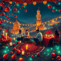 A vibrant and festive scene celebrating Yalda Night, an Iranian tradition, infused with elements of electrical engineering