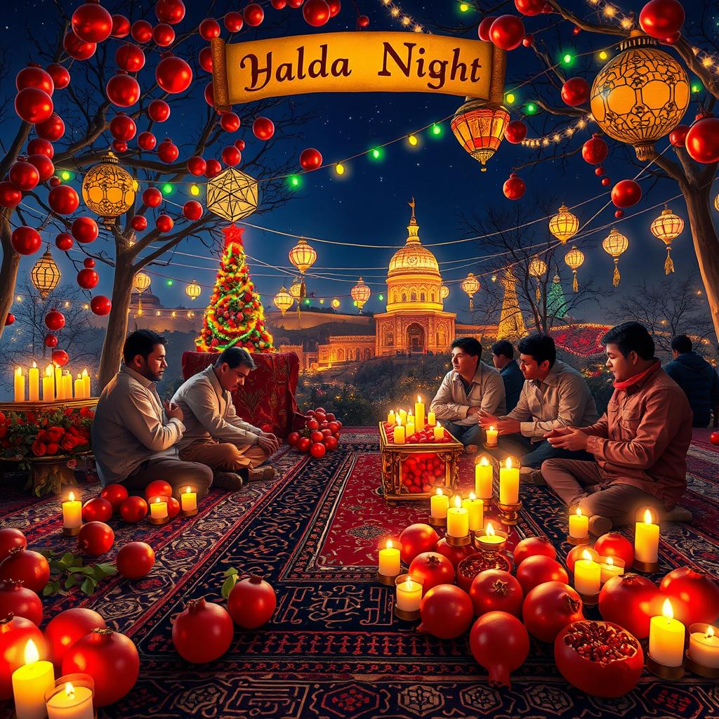 A vibrant and festive scene celebrating Yalda Night, an Iranian tradition, infused with elements of electrical engineering