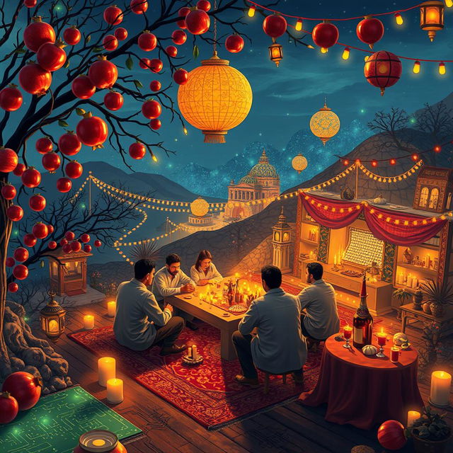 A vibrant and festive scene celebrating Yalda Night, an Iranian tradition, infused with elements of electrical engineering