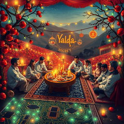 A vibrant and festive scene celebrating Yalda Night, an Iranian tradition, infused with elements of electrical engineering