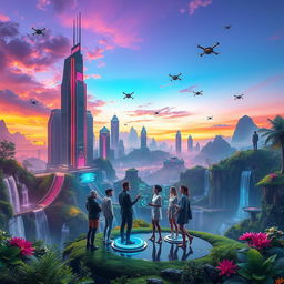 A stunning digital artwork of an AI-generated landscape, featuring futuristic cityscapes intertwined with lush greenery