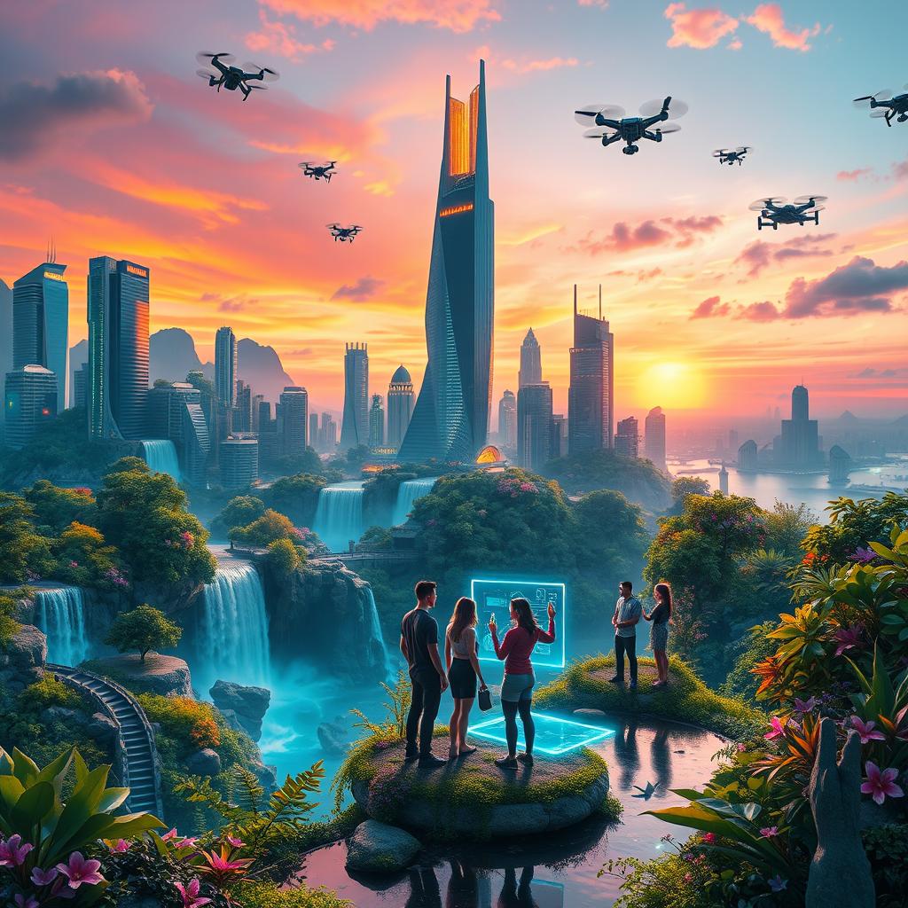 A stunning digital artwork of an AI-generated landscape, featuring futuristic cityscapes intertwined with lush greenery