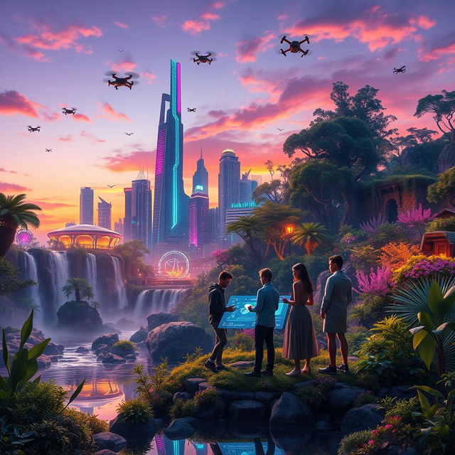 A stunning digital artwork of an AI-generated landscape, featuring futuristic cityscapes intertwined with lush greenery