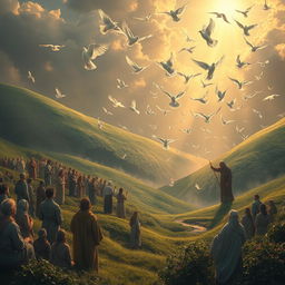 A serene and fantastical landscape filled with believers witnessing a miraculous event