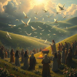 A serene and fantastical landscape filled with believers witnessing a miraculous event