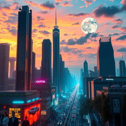 A captivating AI-generated portrait of a futuristic city skyline at dusk, with tall, sleek skyscrapers made of glass and chrome reflecting the colors of a vivid sunset