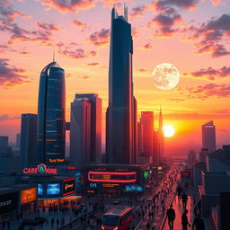 A captivating AI-generated portrait of a futuristic city skyline at dusk, with tall, sleek skyscrapers made of glass and chrome reflecting the colors of a vivid sunset