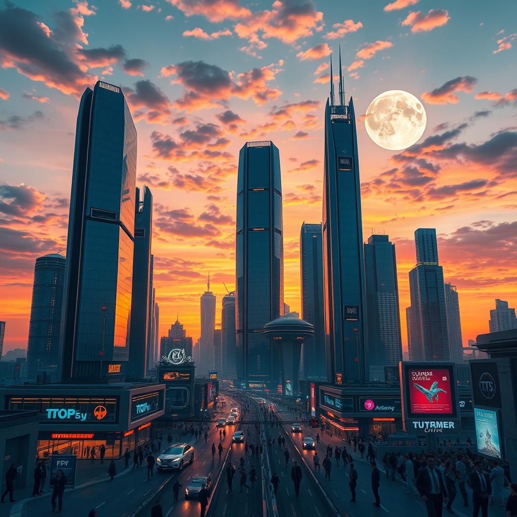 A captivating AI-generated portrait of a futuristic city skyline at dusk, with tall, sleek skyscrapers made of glass and chrome reflecting the colors of a vivid sunset