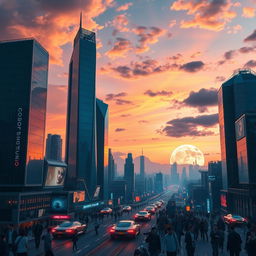 A captivating AI-generated portrait of a futuristic city skyline at dusk, with tall, sleek skyscrapers made of glass and chrome reflecting the colors of a vivid sunset
