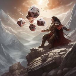 Illustrate a dramatic moment of a dice roll in a mountainous D&D battle backdrop. Display the rolled number on the 20-sided dice prominently. Visualize the victorious character according to the result: a winning cleric if 1-6, a triumphant rogue if 7-20.