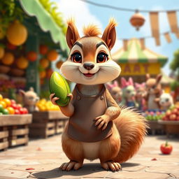 A cute squirrel standing upright, holding a shiny green pistachio in its tiny paws, dressed in a small seller's apron