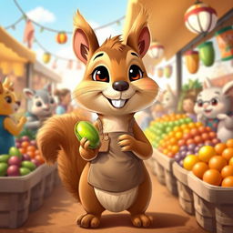 A cute squirrel standing upright, holding a shiny green pistachio in its tiny paws, dressed in a small seller's apron
