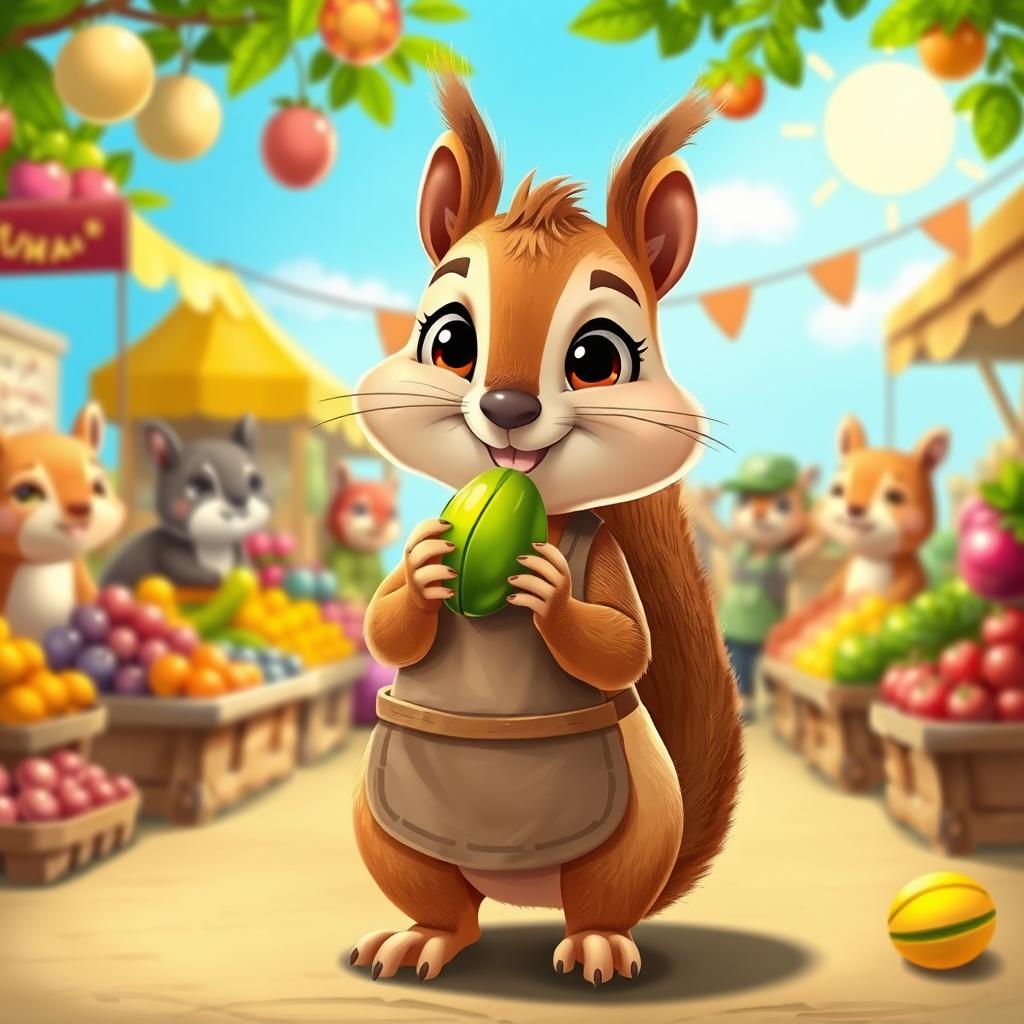A cute squirrel standing upright, holding a shiny green pistachio in its tiny paws, dressed in a small seller's apron