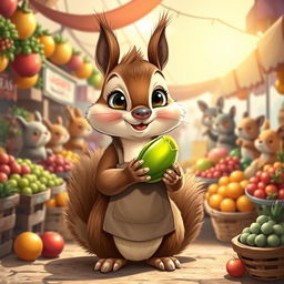 A cute squirrel standing upright, holding a shiny green pistachio in its tiny paws, dressed in a small seller's apron