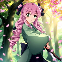 Mitsuru Kanroji, a character from the anime series 'Demon Slayer', depicted in her iconic Demon Slayer uniform