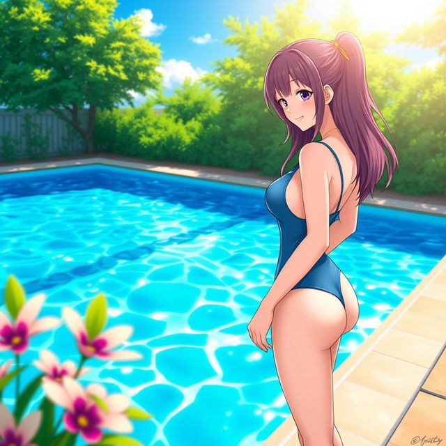 A captivating scene of Mitsuru Kanroji, a stunning character from the popular anime, standing at the edge of a bright blue swimming pool