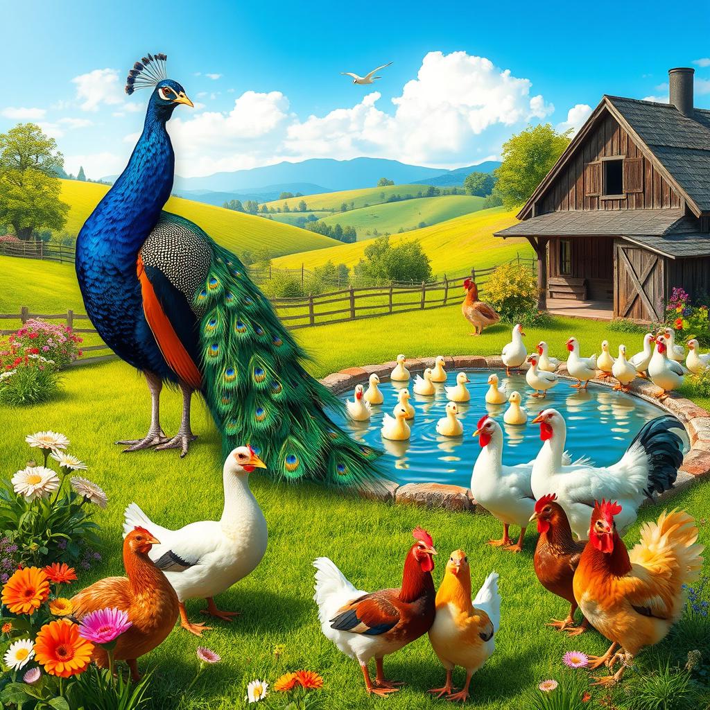 A vibrant and colorful scene featuring various types of fowl in a lush, natural setting