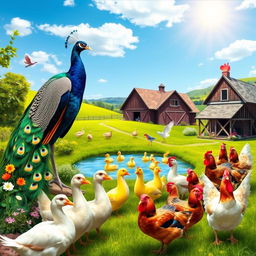 A vibrant and colorful scene featuring various types of fowl in a lush, natural setting