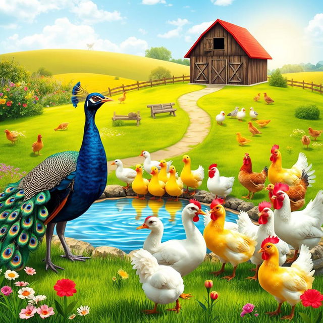 A vibrant and colorful scene featuring various types of fowl in a lush, natural setting