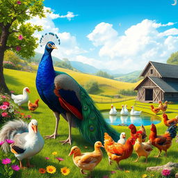 A vibrant and colorful scene featuring various types of fowl in a lush, natural setting