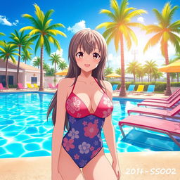 A vibrant scene featuring Mitsuru Kanroji, a character from the popular anime, at a sunny swimming pool