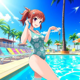 A vibrant scene featuring Mitsuru Kanroji, a character from the popular anime, at a sunny swimming pool