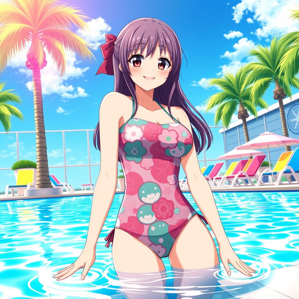 A vibrant scene featuring Mitsuru Kanroji, a character from the popular anime, at a sunny swimming pool