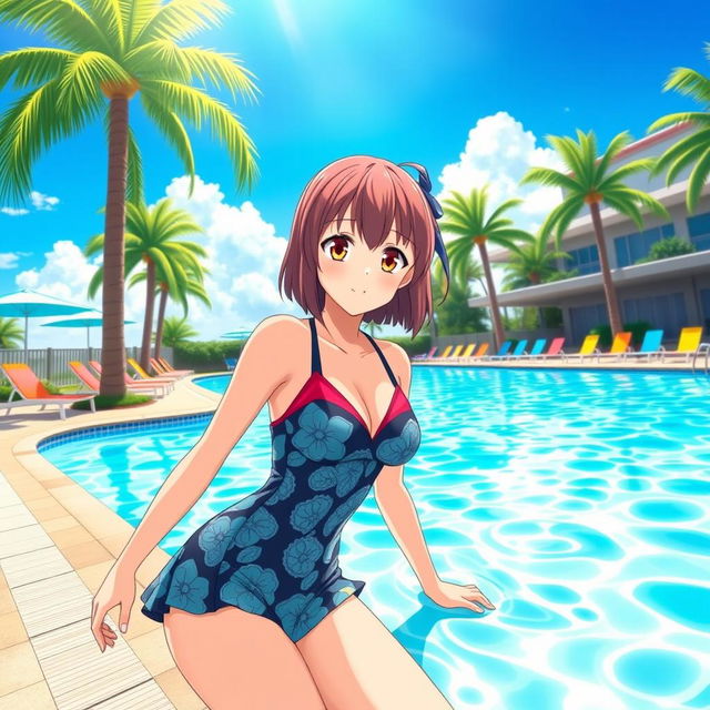 A vibrant scene featuring Mitsuru Kanroji, a character from the popular anime, at a sunny swimming pool