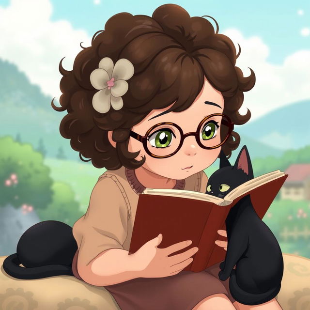 A young brunette girl with curly hair wearing glasses, slightly chubby, and having greenish hazel eyes, is immersed in reading a book