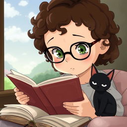 A young brunette girl with curly hair wearing glasses, slightly chubby, and having greenish hazel eyes, is immersed in reading a book