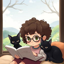 A young brunette girl with curly hair wearing glasses, slightly chubby, and having greenish hazel eyes, is immersed in reading a book