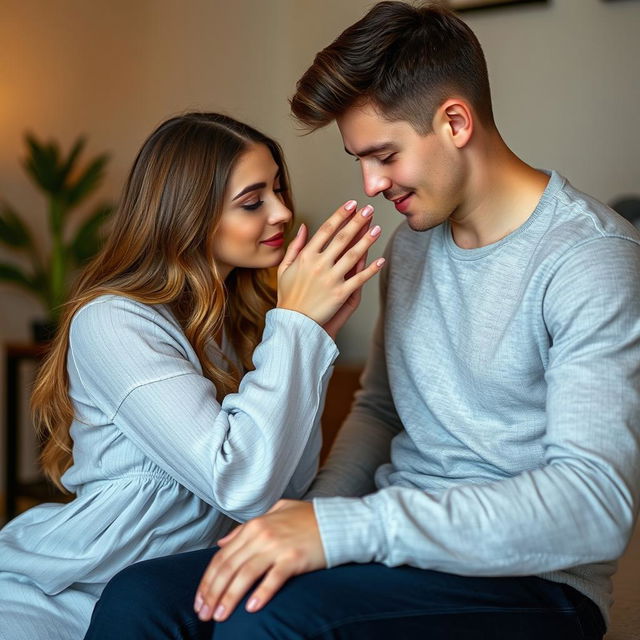 A beautiful young woman gently kissing the feet of a young man, showcasing a moment of tenderness and affection