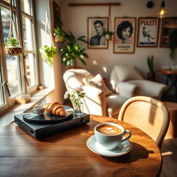 A stunning aesthetic photo capturing a cozy coffee shop interior with warm ambient lighting