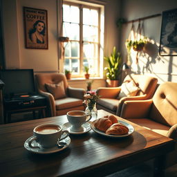 A stunning aesthetic photo capturing a cozy coffee shop interior with warm ambient lighting