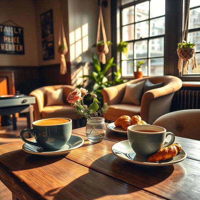 A stunning aesthetic photo capturing a cozy coffee shop interior with warm ambient lighting